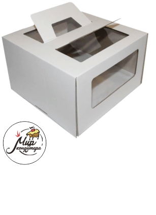 Коробка для торта, 300x300x190мм, микрогофрокартон, белая, с окном, с ручками