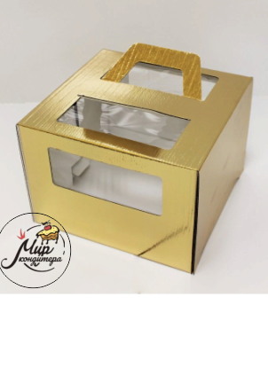 Коробка для торта, 300x300x190мм, микрогофрокартон, ЗОЛОТАЯ, с окном, с ручками