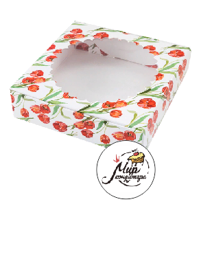 Коробка для печенья "Красные тюльпаны" с окном 12*12*3 см