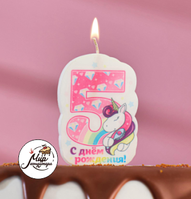Фото Свеча для торта "С Днём Рождения, цифра 5, единорожка с локонами", 5×8.5 см