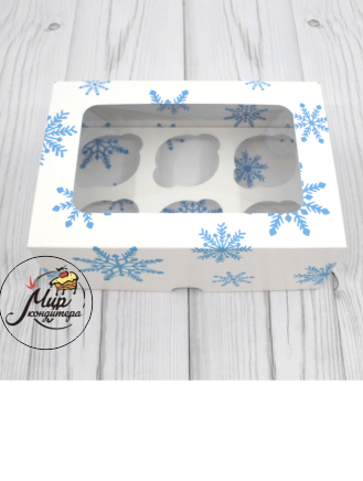 Коробка 6 капкейков Новый год(снежинки) с окном